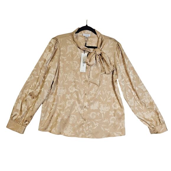 Calvin Klein Tops - Calvin Klein NWT‎ PXL Gold Floral Large Prints Tie Neck Bow Blouse. Career. Sexy
